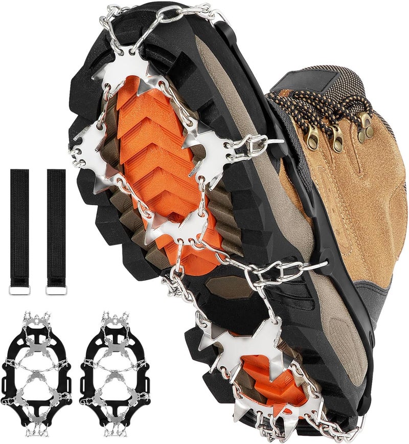 AOOELLO Crampons for Shoes with 28 Stainless Steel Spikes, Anti Slip Crampons for Hiking Boots Women Men, Ice Cleats Traction Snow Grips for Hiking Jogging Fishing Walking Climbing Mountaineering - Image 1
